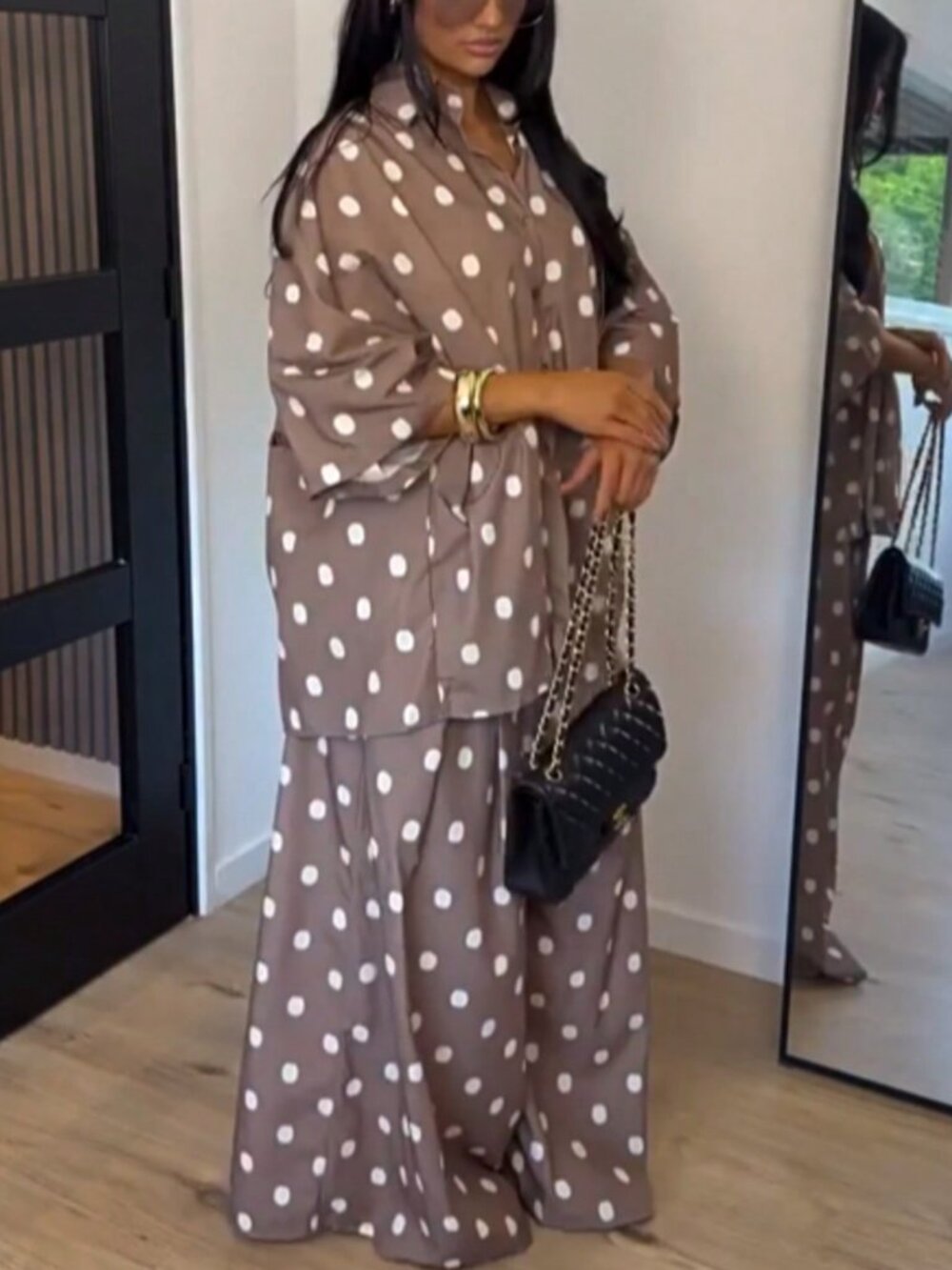 Khaki Casual Women's Knotted Geometric Polka Dot Loose Top & Pants Set